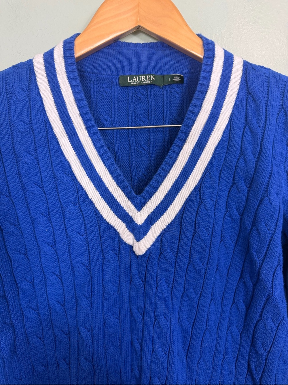 Lauren Ralph Lauren Cricket Sweater Pullover Blue White Cable Knit Women Large - Picture 2 of 8